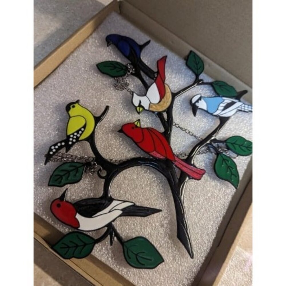 Six Birds Cardinal Gifts Stained Metal Window Hanging, Multicolor Bird On A Wire